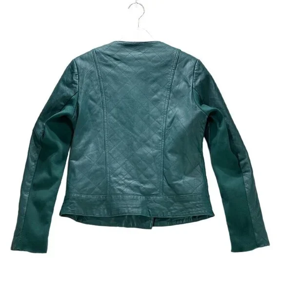Iman Teal Leather Asymmetrical Moto Jacket XS Zipper Pockets Womens Size Small - Picture 11 of 13